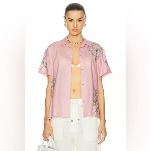 HARAGO Pink Floral Embroidered Short Sleeve Button Up Shirt